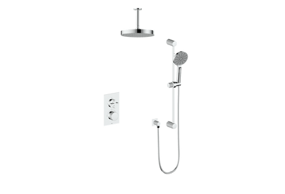 Système de douche thermostatique bidirectionnel Vogt Mond avec valve encastrée et bras de plafond, chrome poli