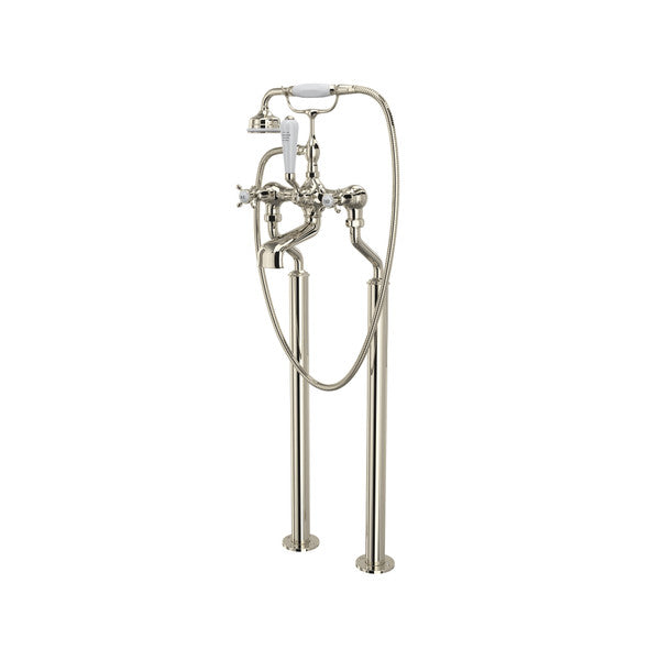 Perrin & Rowe Exposed Floor Mount Tub Filler With Handshower, Cross Handles