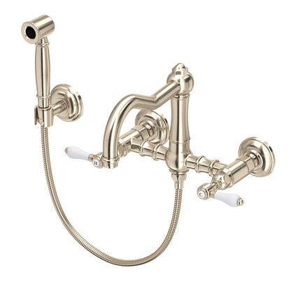 Rohl Acqui Wall Mount Bridge Kitchen Faucet With Sidespray & Column Spout Porcelain Lever Handles