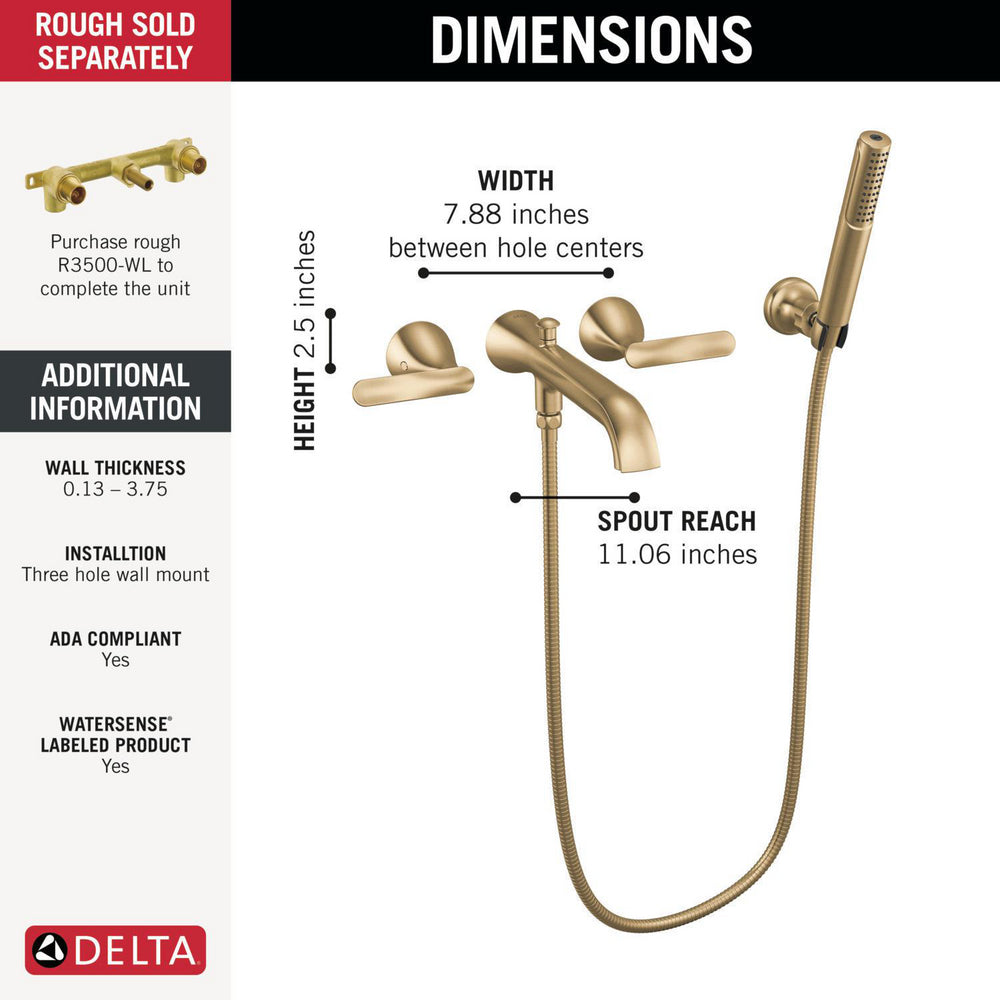 Delta Bonacci Two Handle Wall Mount Tub Filler Trim with Hand Shower - T5745