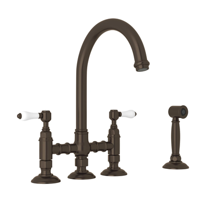 Robinet de cuisine Rohl Acqui Bridge avec douchette latérale et poignées à levier en porcelaine - A1461LPWS-2
