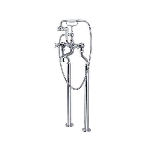 Perrin & Rowe Exposed Floor Mount Tub Filler With Handshower, Cross Handles