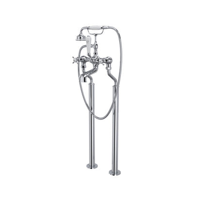 Perrin & Rowe Exposed Floor Mount Tub Filler With Handshower, Cross Handles