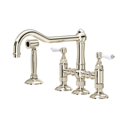 Rohl Acqui Bridge Kitchen Faucet With Side Spray With Porcelain Lever Handles