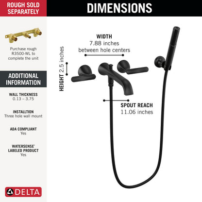 Delta Bonacci Two Handle Wall Mount Tub Filler Trim with Hand Shower - T5745