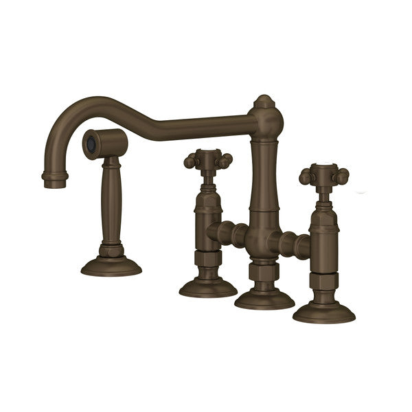Rohl Acqui Bridge Kitchen Faucet With Side Spray With Porcelain Cross Handles