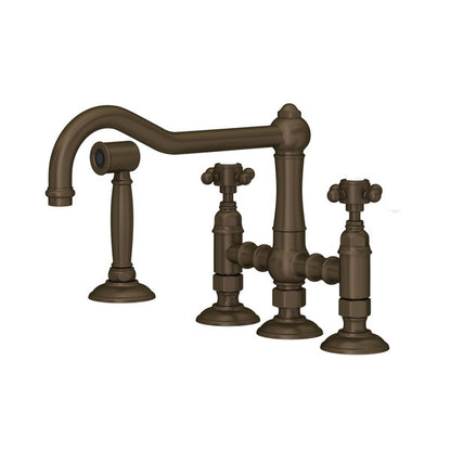 Rohl Acqui Bridge Kitchen Faucet With Side Spray With Porcelain Cross Handles