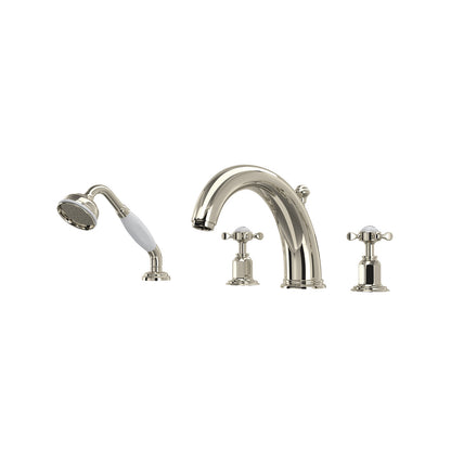 Perrin & Rowe Edwardian 4-Hole Deck Mount Tub Filler With Handshower, Cross Handle