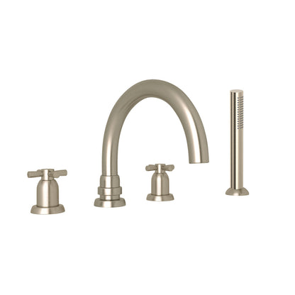 Perrin & Rowe Holborn 4-Hole Deck Mount Tubular C-Spout Bathtub Filler With Handshower, Cross Handle