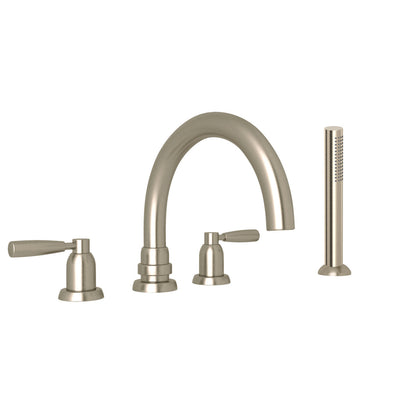 Perrin & Rowe Holborn 4-Hole Deck Mount Tubular C-Spout Bathtub Filler With Handshower, Lever Handle