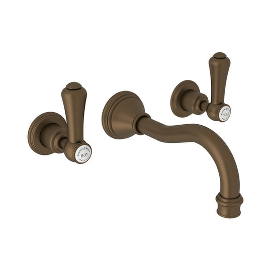 Perrin & Rowe Georgian Era Wall Mount Widespread Bathroom Faucet, Lever Handles with Porcelain Caps