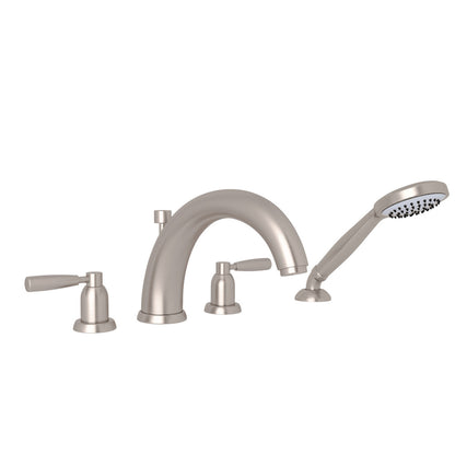 Perrin & Rowe Holborn 4-Hole Deck Mount Tubular C-Spout Bathtub Filler With Handshower, Lever Handle