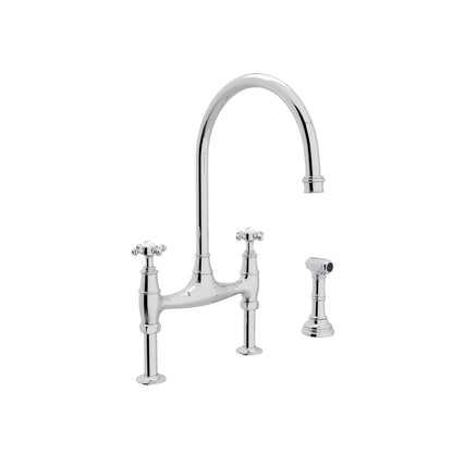 Perrin & Rowe Georgian Era Bridge Kitchen Faucet With Sidespray, Cross Handle