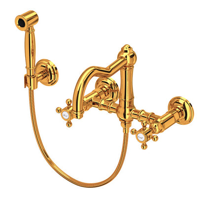 Rohl Acqui Wall Mount Bridge Kitchen Faucet With Sidespray & Column Spout Cross Handles