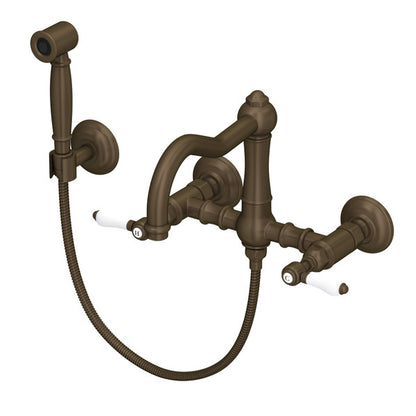 Rohl Acqui Wall Mount Bridge Kitchen Faucet With Sidespray & Column Spout Porcelain Lever Handles