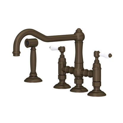 Rohl Acqui Bridge Kitchen Faucet With Side Spray With Porcelain Lever Handles