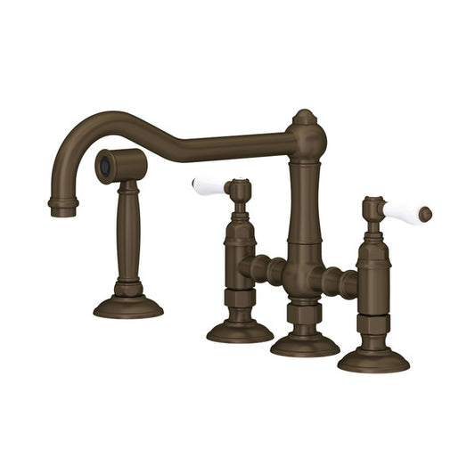 Rohl Acqui Bridge Kitchen Faucet With Side Spray With Porcelain Lever Handles