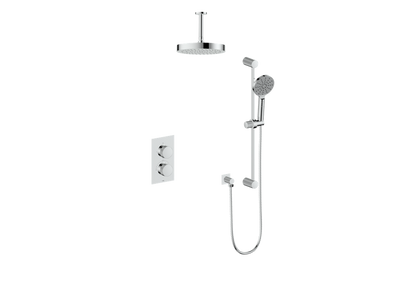 Système de douche thermostatique bidirectionnel Vogt Mond avec valve encastrée et bras de plafond, chrome poli