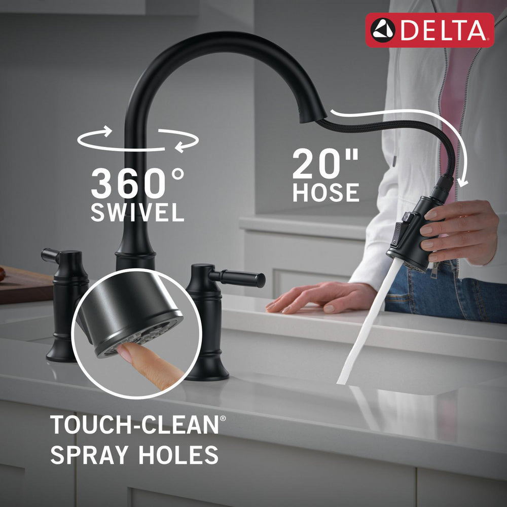 Delta Renaldi Two Handle Pull-Down Bridge Kitchen Faucet - 2384L