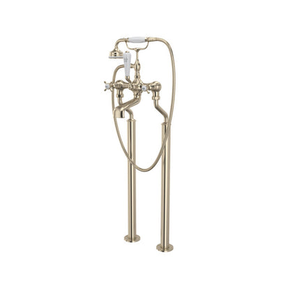 Perrin & Rowe Exposed Floor Mount Tub Filler With Handshower, Cross Handles