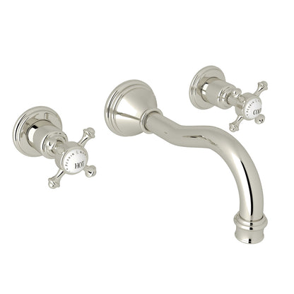 Perrin & Rowe Georgian Era Wall Mount Widespread Bathroom Faucet, Cross Handles with Porcelain Caps