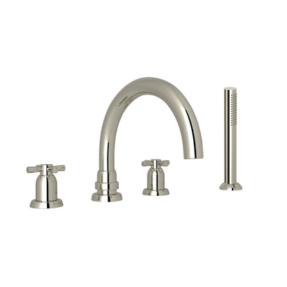 Perrin & Rowe Holborn 4-Hole Deck Mount Tubular C-Spout Bathtub Filler With Handshower, Cross Handle
