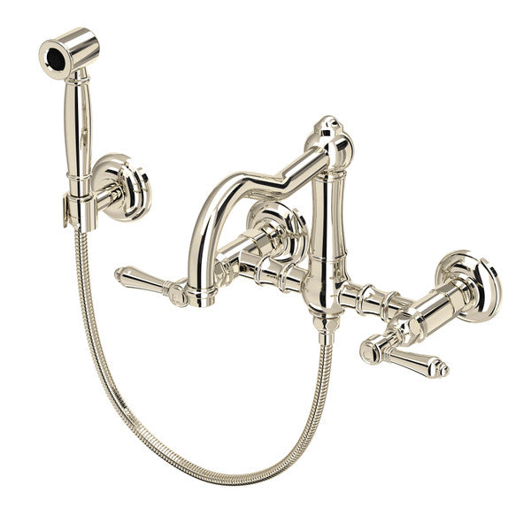 Rohl Acqui Wall Mount Bridge Kitchen Faucet With Sidespray & Column Spout Lever Handles
