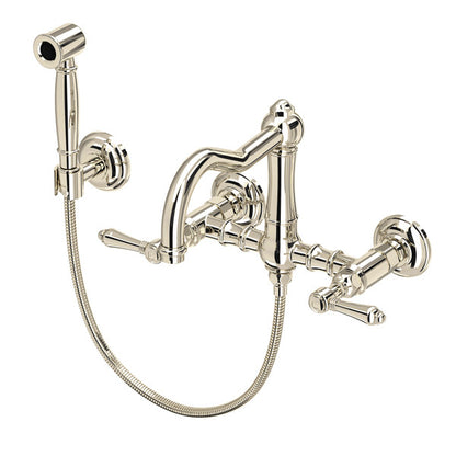 Rohl Acqui Wall Mount Bridge Kitchen Faucet With Sidespray & Column Spout Lever Handles