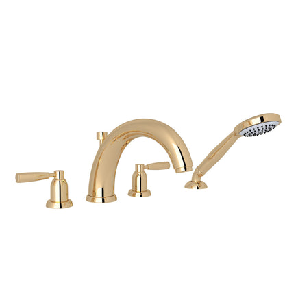 Perrin & Rowe Holborn 4-Hole Deck Mount Tubular C-Spout Bathtub Filler With Handshower, Lever Handle