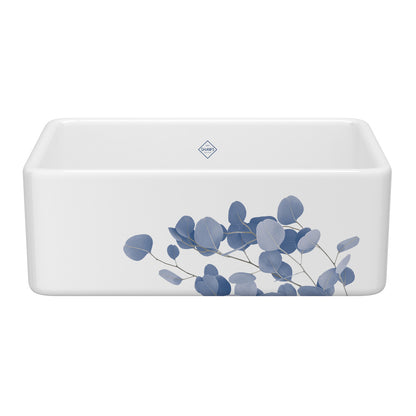 Shaws Shaker 30 Inch White Single Bowl Farmhouse Apron Front Fireclay Kitchen Sink With Eucalyptus Design - Blue/Silver