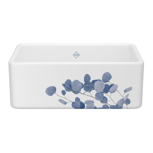 Shaws Shaker 30 Inch White Single Bowl Farmhouse Apron Front Fireclay Kitchen Sink With Eucalyptus Design - Blue/Silver