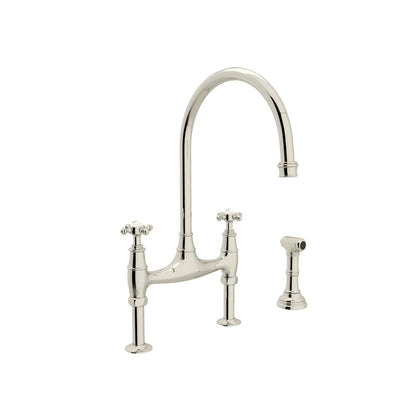 Perrin & Rowe Georgian Era Bridge Kitchen Faucet With Sidespray, Cross Handle