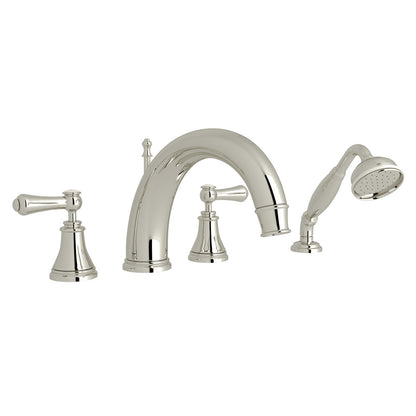 Perrin & Rowe Georgian Era 4-Hole Deck Mount Tub Filler With C-Spout Lever Handle Porcelain Caps
