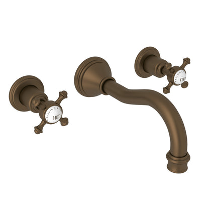 Perrin & Rowe Georgian Era Wall Mount Widespread Bathroom Faucet, Cross Handles with Porcelain Caps