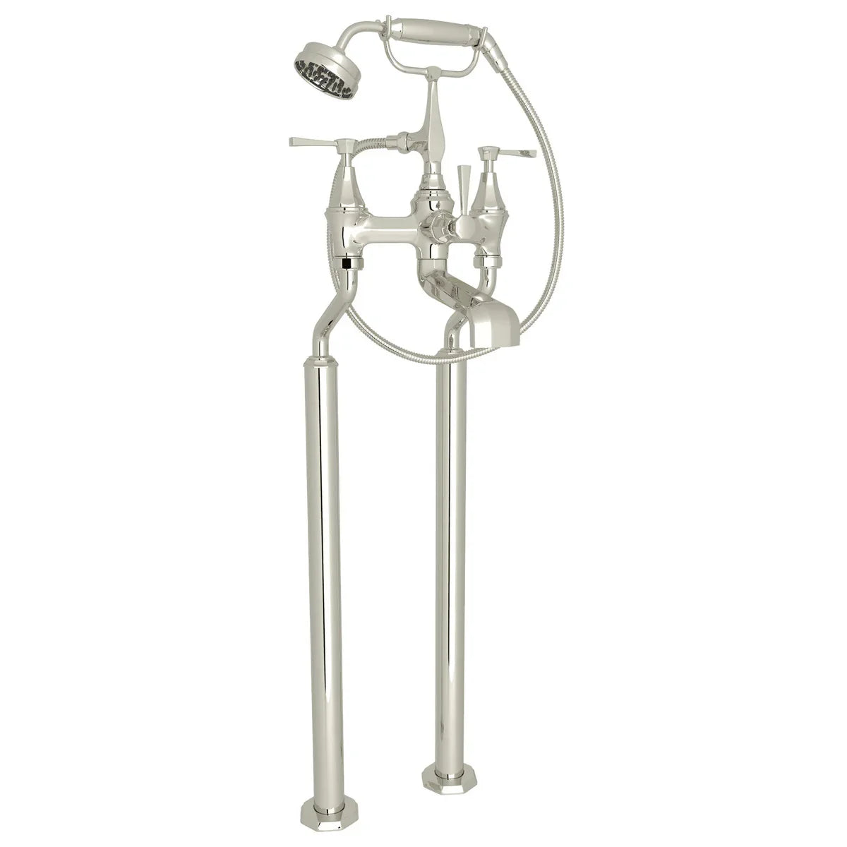 Perrin & Rowe Deco Exposed Floor Mount Tub Filler With Handshower, Metal Lever Handle 19 GPM