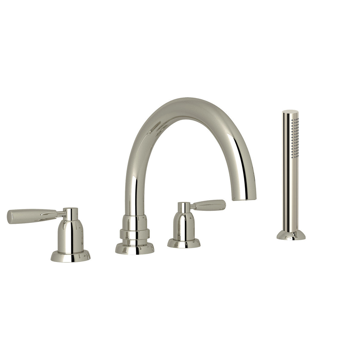 Perrin & Rowe Holborn 4-Hole Deck Mount Tubular C-Spout Bathtub Filler With Handshower, Lever Handle