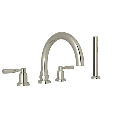 Perrin & Rowe Holborn 4-Hole Deck Mount Tubular C-Spout Bathtub Filler With Handshower, Lever Handle