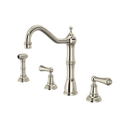 Perrin & Rowe Edwardian 4-Hole Kitchen Faucet With Sidespray Metal Lever Handle