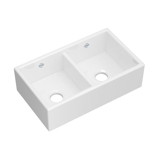 Shaws Shaker 31" Low Divide Double Bowl Apron Front Fireclay Kitchen Sink - MS3118WH