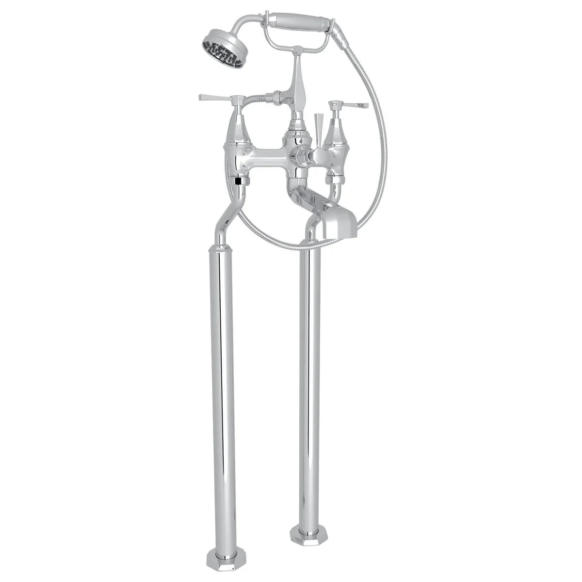 Perrin & Rowe Deco Exposed Floor Mount Tub Filler With Handshower, Metal Lever Handle 19 GPM