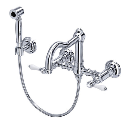 Rohl Acqui Wall Mount Bridge Kitchen Faucet With Sidespray & Column Spout Porcelain Lever Handles