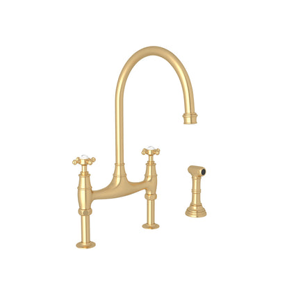 Perrin & Rowe Georgian Era Bridge Kitchen Faucet With Sidespray, Cross Handle