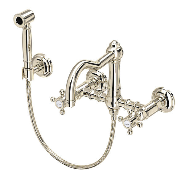 Rohl Acqui Wall Mount Bridge Kitchen Faucet With Sidespray & Column Spout Cross Handles