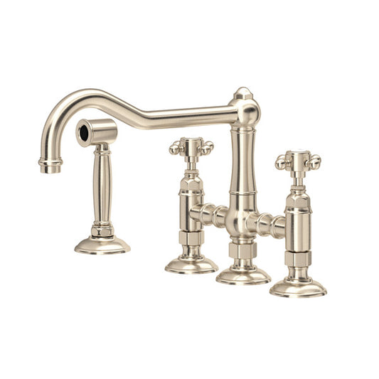 Rohl Acqui Bridge Kitchen Faucet With Side Spray With Porcelain Cross Handles