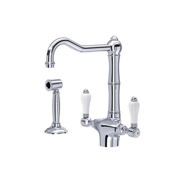 Rohl Acqui Two Handle Kitchen Faucet With Side Spray & Porcelain Handles - A1679LPWS-2