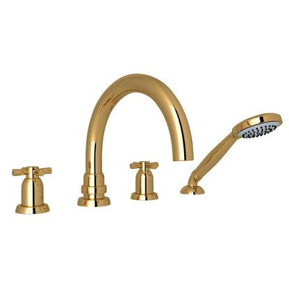 Perrin & Rowe Holborn 4-Hole Deck Mount Tubular C-Spout Bathtub Filler With Handshower, Cross Handle