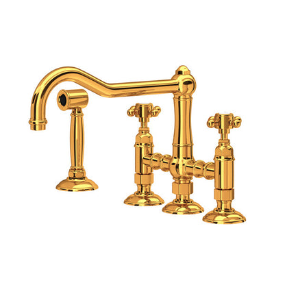 Rohl Acqui Bridge Kitchen Faucet With Side Spray With Porcelain Cross Handles