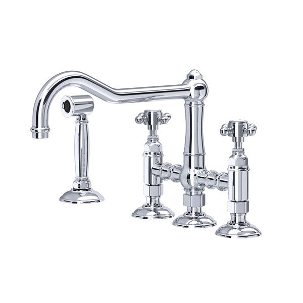 Rohl Acqui Bridge Kitchen Faucet With Side Spray With Porcelain Cross Handles