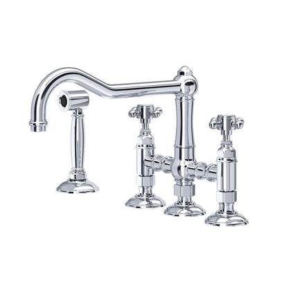 Rohl Acqui Bridge Kitchen Faucet With Side Spray With Porcelain Cross Handles