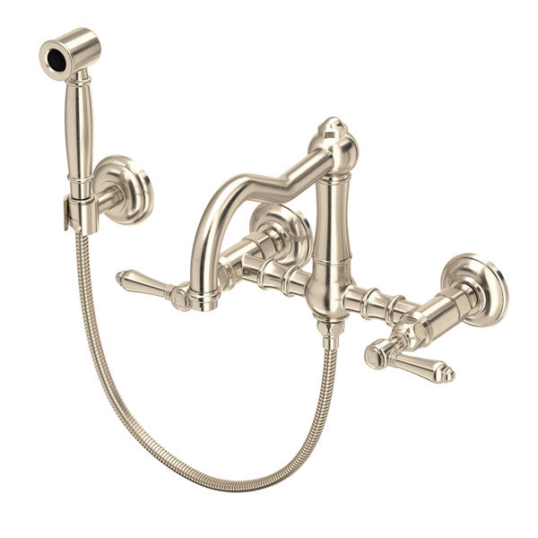 Rohl Acqui Wall Mount Bridge Kitchen Faucet With Sidespray & Column Spout Lever Handles
